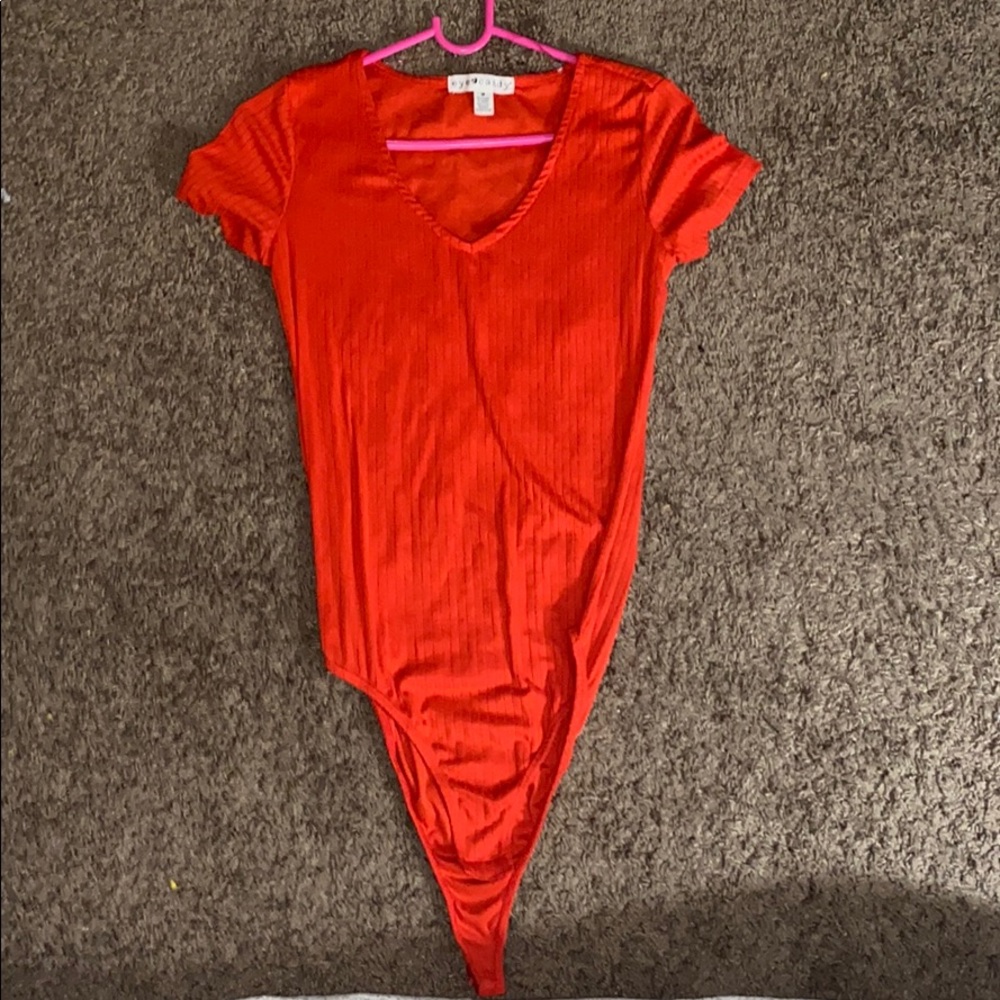 A red body suit